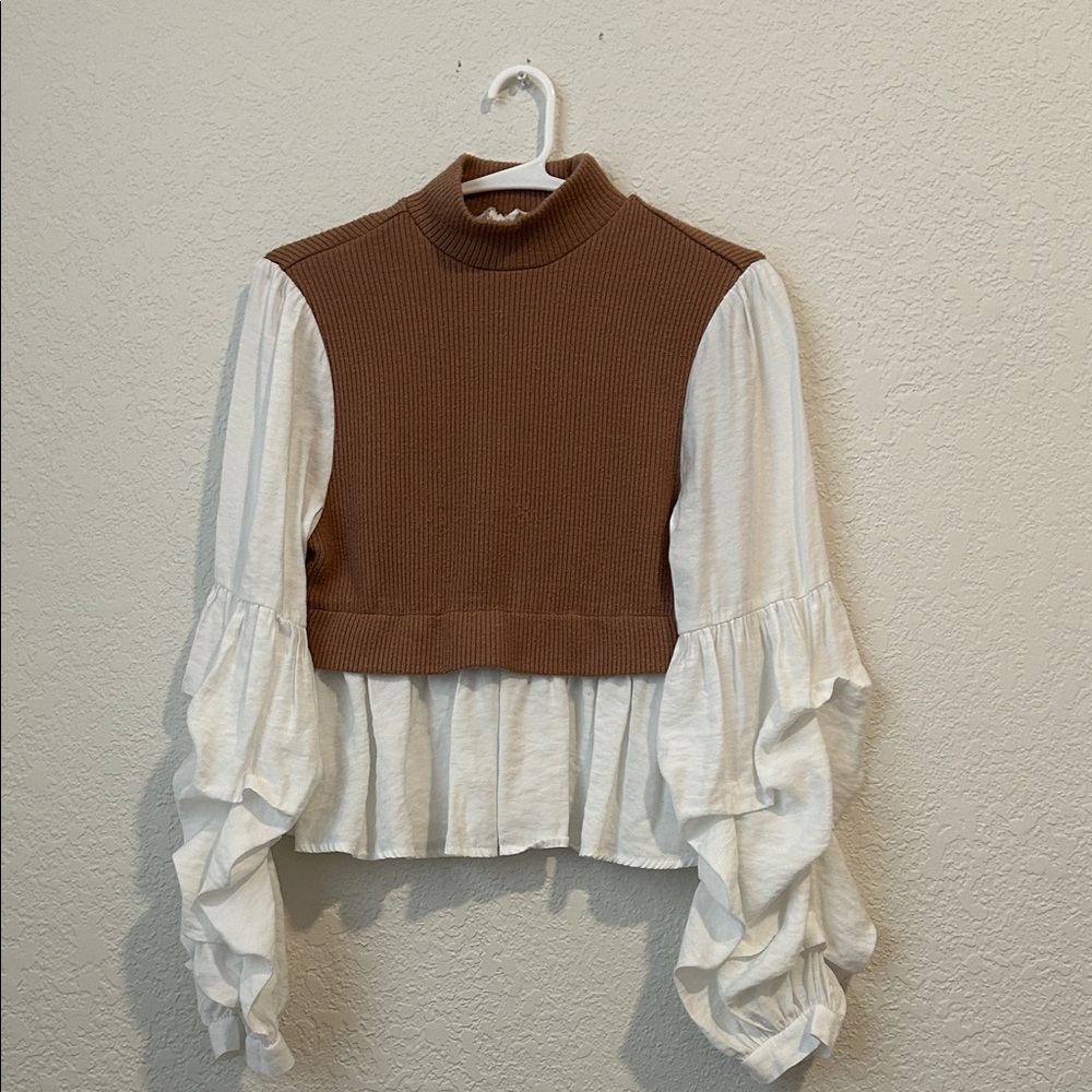 Anthropologie Brown and White Women's Ruffled Sleeve Top
